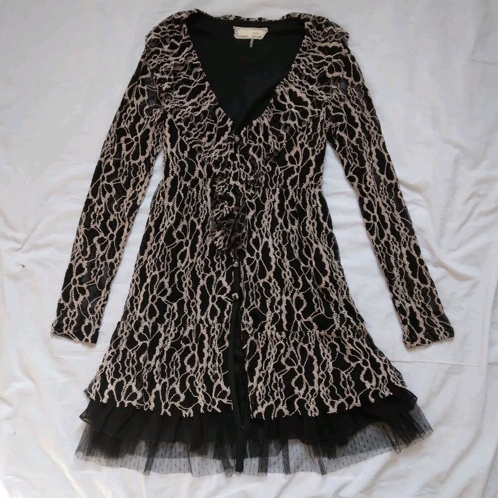 A'Reve Dress Black Long Sleeve Collared Layered Ruffled Lace Hem Womens Medium